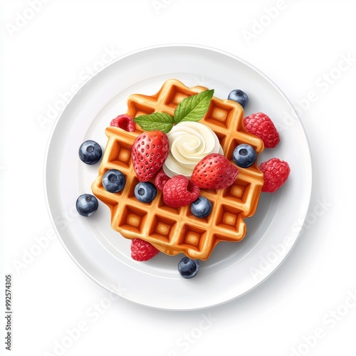 Waffle on a white plate, isolated on a white background, showcasing its classic shape and delicious toppings.