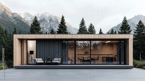 Elegant container kitchen exterior with light wood cladding, outdoor seating area, and mountain landscape