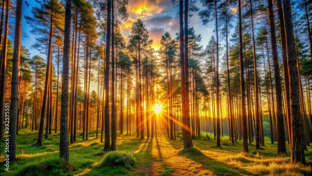 Obraz premium Vibrant sunset casting warm light through dense forest trees , sunset, forest, trees, nature, landscape, evening, golden hour