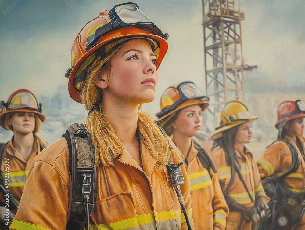 Show a group of female firefighters working together on a training base ...