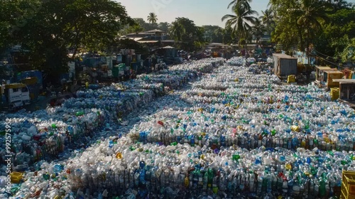 Plastic waste rows in an outdoor recycling facility photo