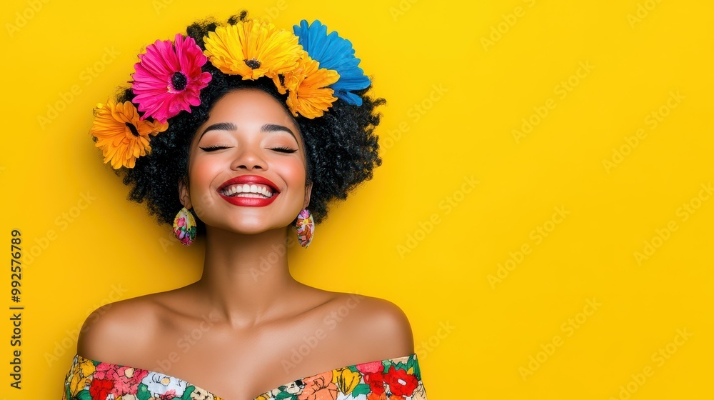 A cheerful woman in a floral dress beams against a bright yellow backdrop, exuding joy and summer vibes effortlessly. A cheerful woman in a floral dress beams against a bright yellow backdrop, exuding joy and summer vibes effortlessly.