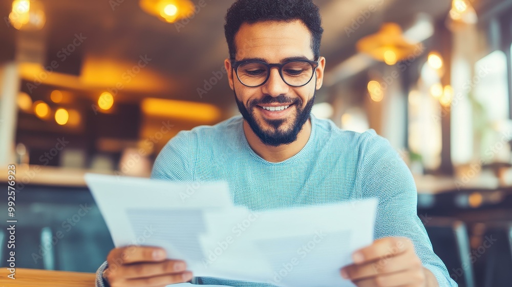 Bright and cheerful entrepreneur analyzes documents in a creative workspace, radiating productivity and positivity. Bright and cheerful entrepreneur analyzes documents in a creative workspace, radiating productivity and positivity.