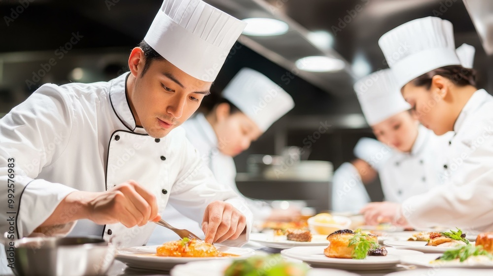 Experience the artistry of chefs as they skillfully plate exquisite gourmet dishes in a lively kitchen environment. Experience the artistry of chefs as they skillfully plate exquisite gourmet dishes in a lively kitchen environment.