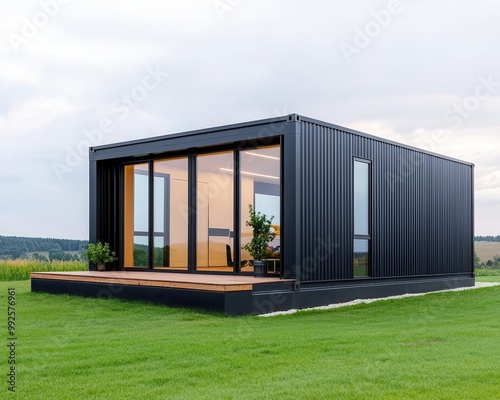 Chic container kitchen exterior with black steel siding, glass wall, and view of a serene meadow