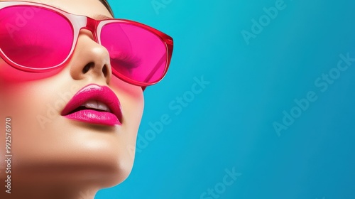 A chic fashion model flaunts stylish sunglasses, showcasing elegance and glamour in a stunning colorful portrait.