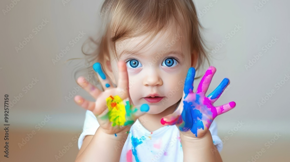 A playful young child with bright blue eyes enjoys painting, her hands covered in vibrant colors against a soft backdrop. A playful young child with bright blue eyes enjoys painting, her hands covered in vibrant colors against a soft backdrop.