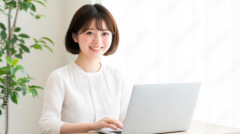 A cheerful Japanese female office worker smiles as she types on her laptop, radiating positivity in a bright workspace. A cheerful Japanese female office worker smiles as she types on her laptop, radiating positivity in a bright workspace.