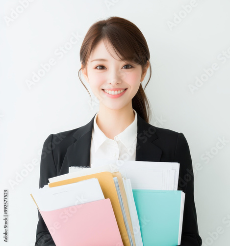 A poised 2yearold professional in a crisp white shirt and suit, exuding confidence while holding important documents. photo