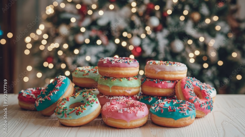 A delightful variety of colorful frosted donuts with sprinkles, stacked and spread A delightful variety of colorful frosted donuts with sprinkles, stacked and spread