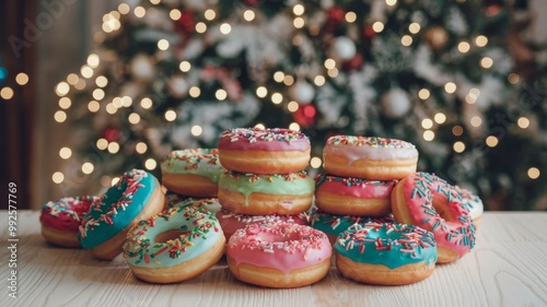 A delightful variety of colorful frosted donuts with sprinkles, stacked and spread