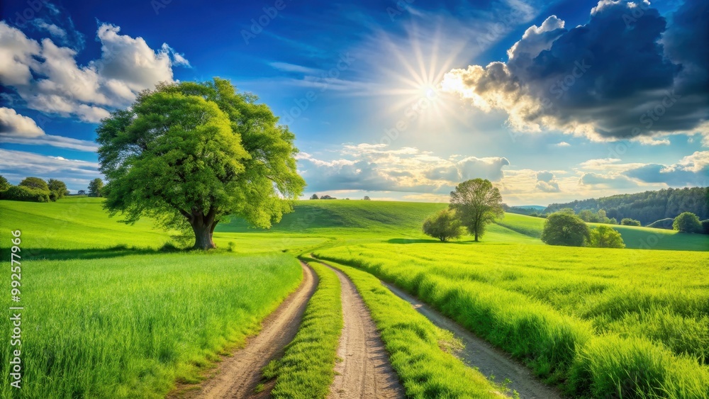 Obraz premium Peaceful stroll through vibrant green fields on a sunny day, serene, tranquil, nature, landscape, outdoors, foliage, walking