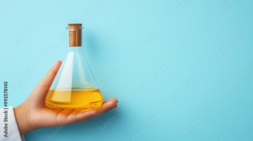 Little kid's hand holding an Erlenmeyer flask filled with yellow liquid against a light-blue background with copy space, emphasizing scientific exploration and childhood curiosity. Little kid's hand holding an Erlenmeyer flask filled with yellow liquid against a light-blue background with copy space, emphasizing scientific exploration and childhood curiosity.