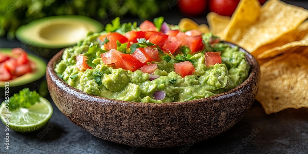 Bowl of Guacamole with Fresh Tomatoes, Cilantro, and Lime Wedge for Dipping with Crispy Tortilla Chips Bowl of Guacamole with Fresh Tomatoes, Cilantro, and Lime Wedge for Dipping with Crispy Tortilla Chips