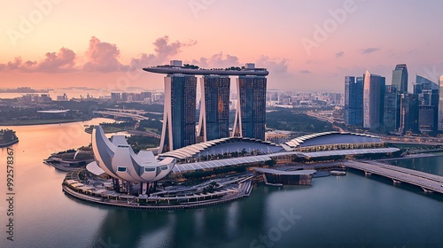 Marina Bay Sands Singapore Skyline at Sunset with ArtScience Museum