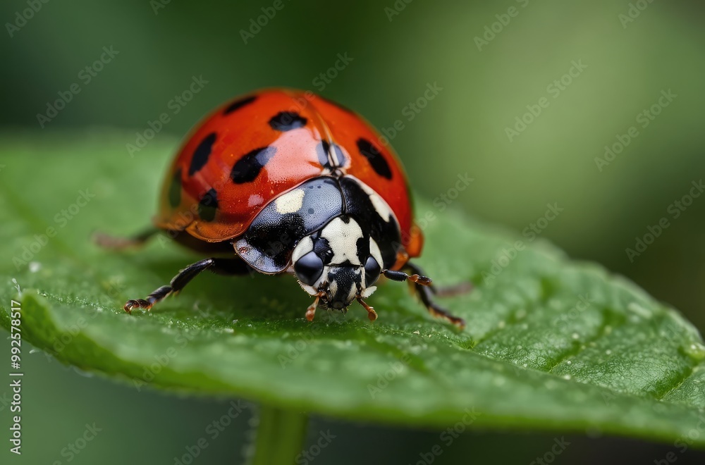 Naklejka premium Close-Up of a Red Ladybug with Black Spots on a Green Leaf