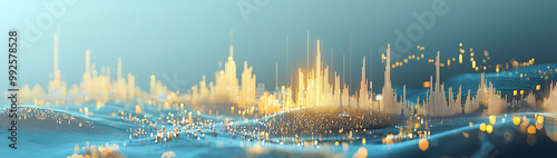 Dynamic Stock Market Visualization in Gold Tones on Light Blue Background