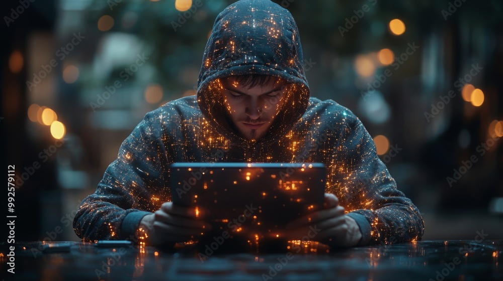 Man in a Hoodie Surrounded by Digital Data Man in a Hoodie Surrounded by Digital Data