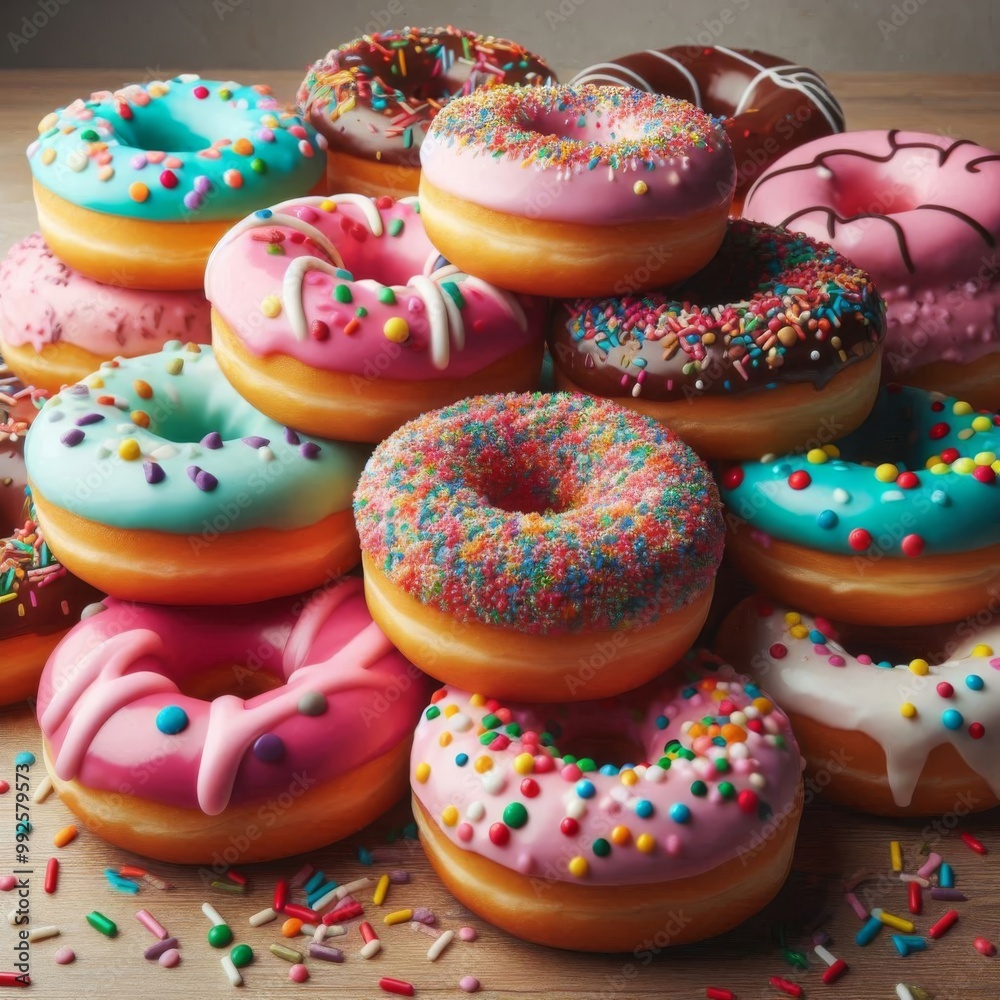 A delightful variety of colorful frosted donuts with sprinkles, stacked and spread