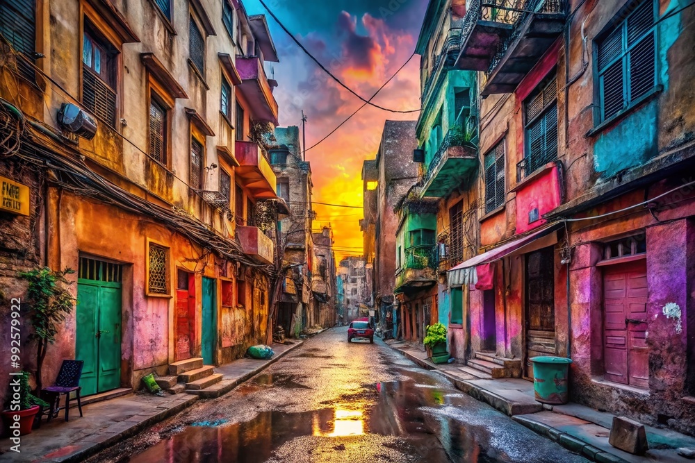 Fototapeta premium Dark and Gritty Urban Scene with Distressed Textures and Grunge Aesthetic for Film and Media Projects