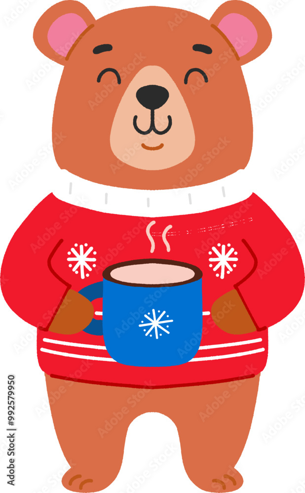 Cute bear in red sweater holding a steaming mug vector illustration Cute bear in red sweater holding a steaming mug vector illustration