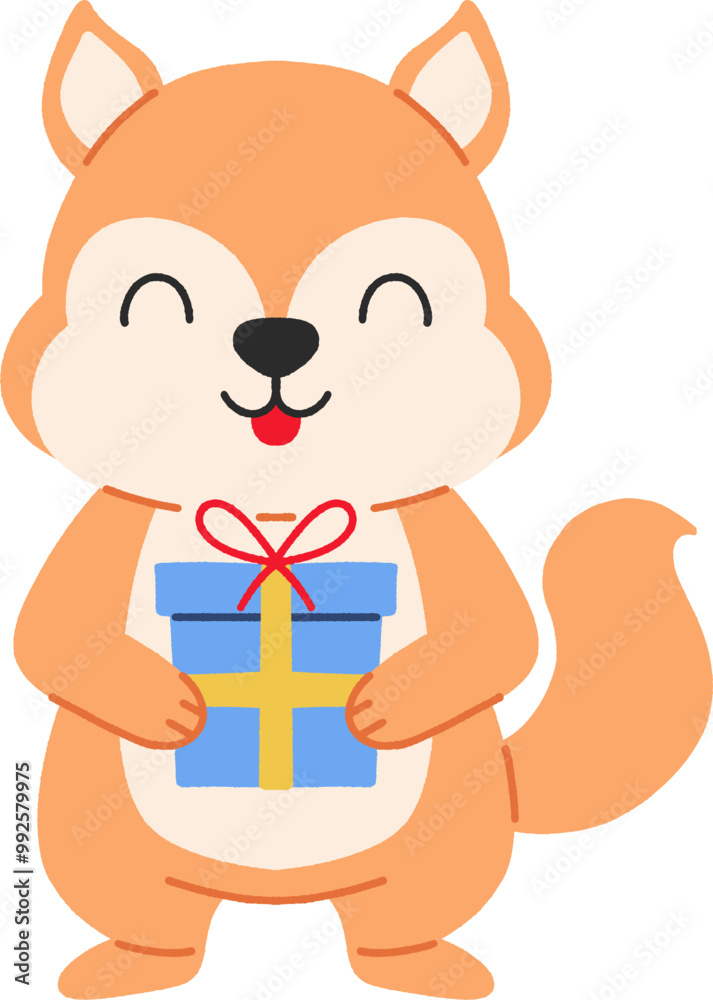 Cute cartoon squirrel holding gift box. Concept of happiness, celebration, and giving Cute cartoon squirrel holding gift box. Concept of happiness, celebration, and giving