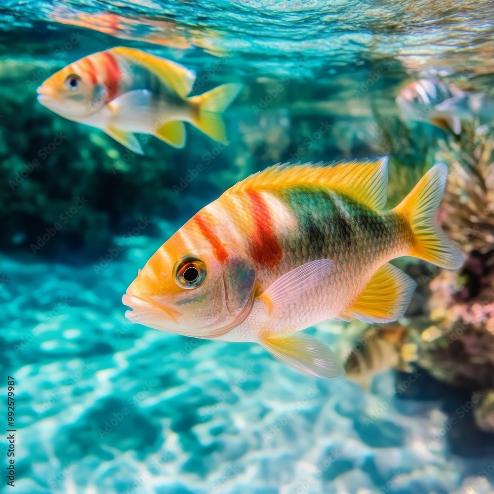 Brightly colored fish swimming in a crystal-clear river, aquatic plants waving in the current, an underwater paradise Brightly colored fish swimming in a crystal-clear river, aquatic plants waving in the current, an underwater paradise