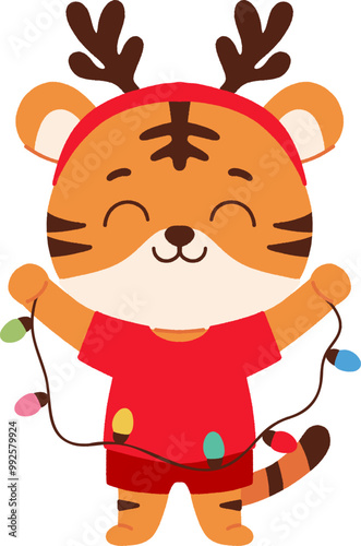 Cute cartoon tiger with Christmas lights and reindeer antlers