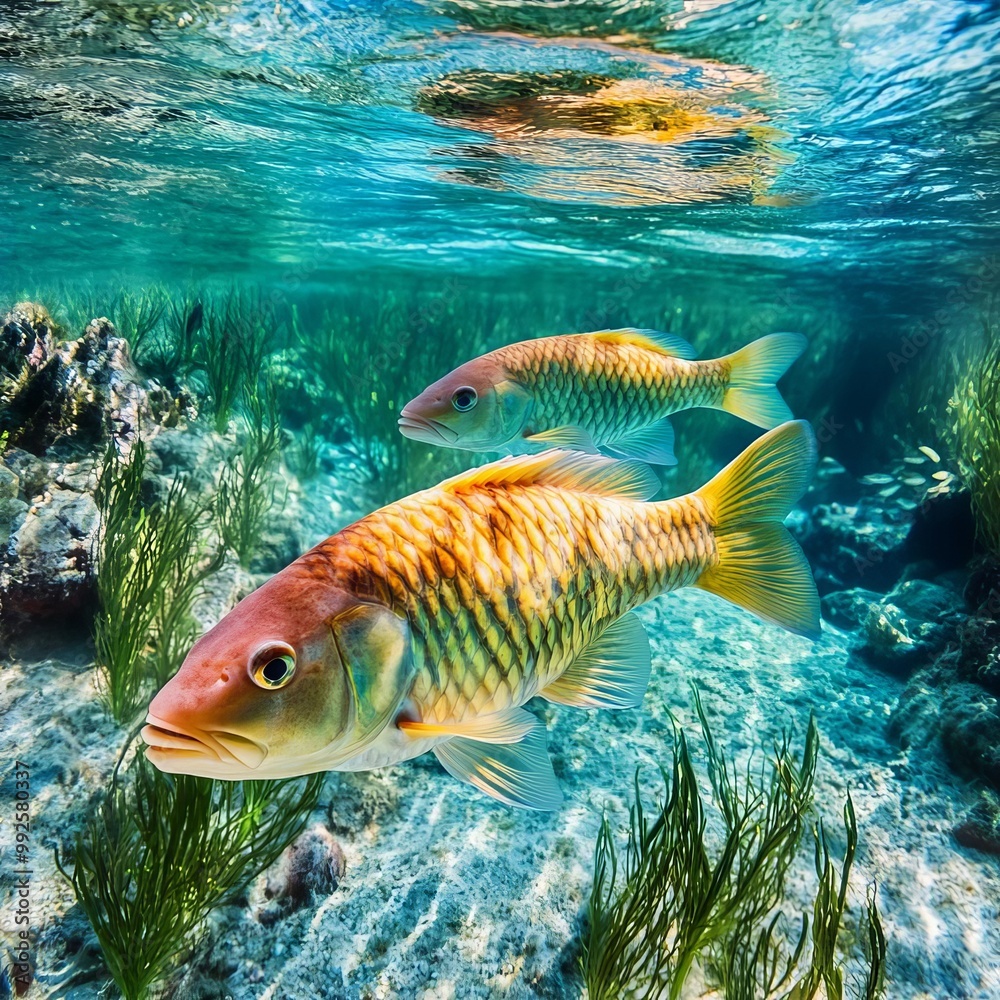 Naklejka premium Brightly colored fish swimming in a crystal-clear river, aquatic plants waving in the current, an underwater paradise