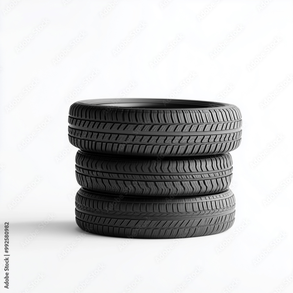 Three Tires Piled Up on White Background - Minimalist Tire Stack Concept for Transportation Industry Three Tires Piled Up on White Background - Minimalist Tire Stack Concept for Transportation Industry