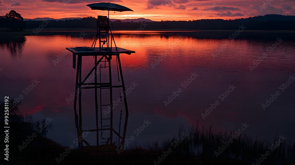 Sunset Over Lake With Platform And Umbrella Silhouette Sunset Over Lake With Platform And Umbrella Silhouette