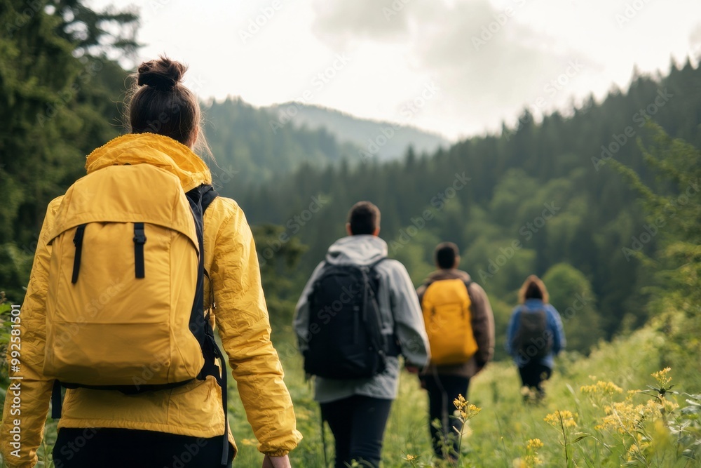 Friends Gather For A Weekend Hiking Challenge. They Trek Through Forests And Up Hills, Enjoying Nature Friends Gather For A Weekend Hiking Challenge. They Trek Through Forests And Up Hills, Enjoying Nature