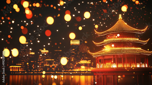 Festive lanterns illuminate a traditional pagoda against a vibrant city skyline at night