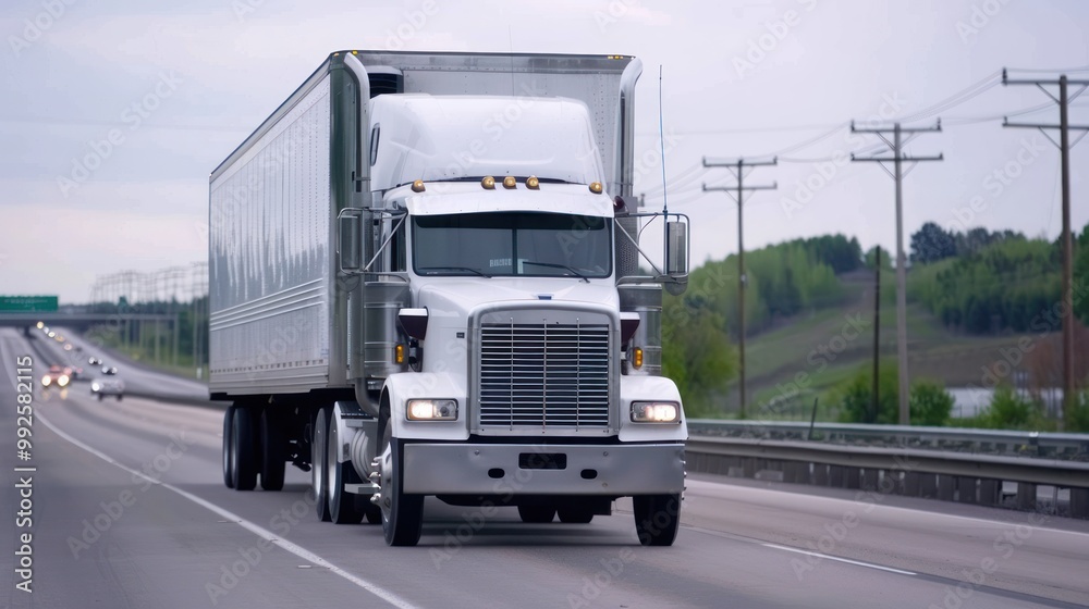 A motor carrier truck delivering goods on a highway. A motor carrier truck delivering goods on a highway.