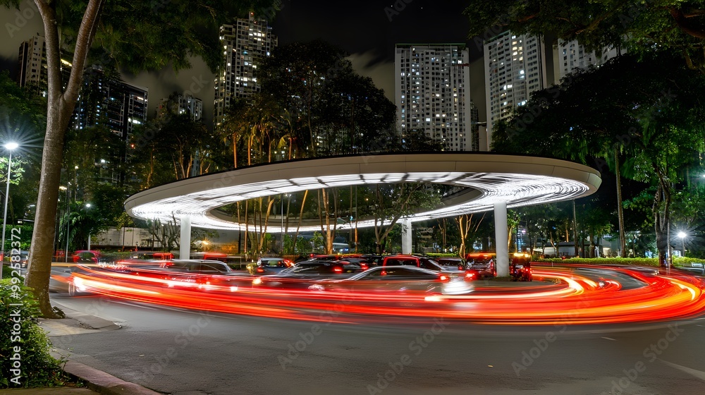 Fototapeta premium Cityscape Night Traffic Light Trails Modern Architecture