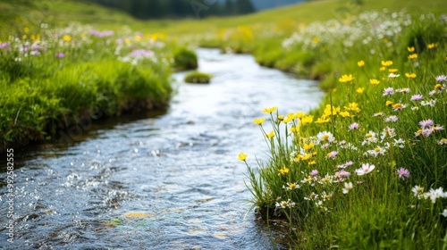 Clean river flowing through a meadow, wildflowers blooming, sunlight filtering through, an idyllic and untouched habitat