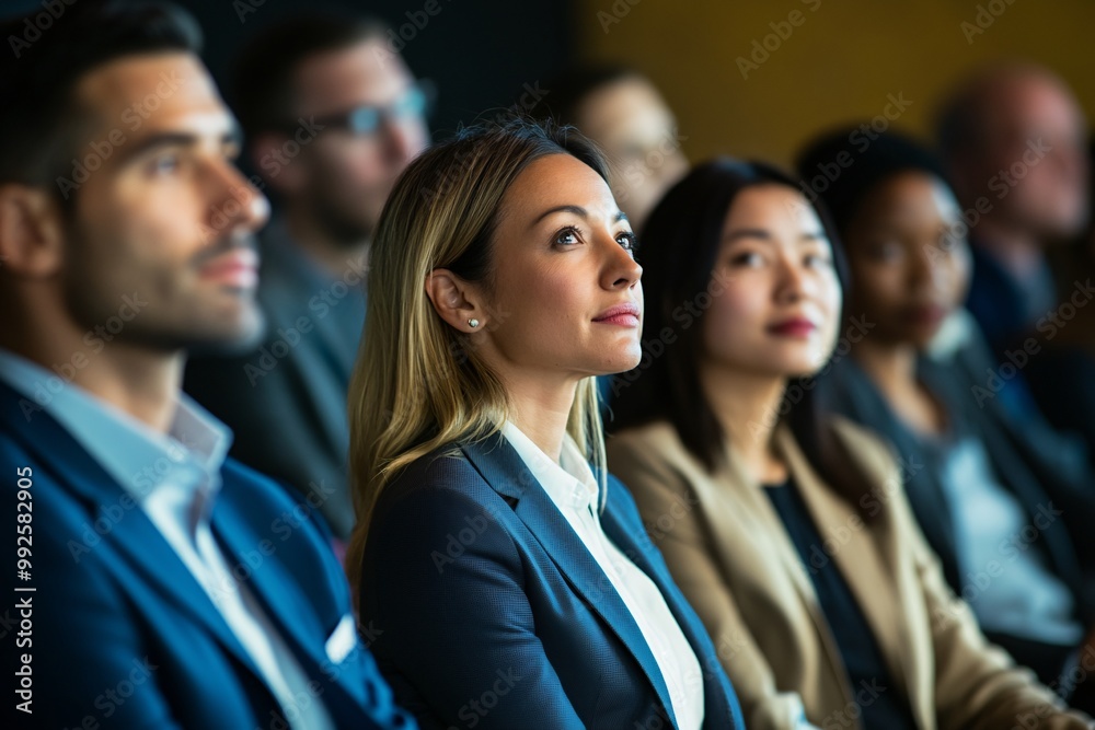 A focused audience engaged in a presentation, showcasing diverse expressions of interest and professionalism. A focused audience engaged in a presentation, showcasing diverse expressions of interest and professionalism.