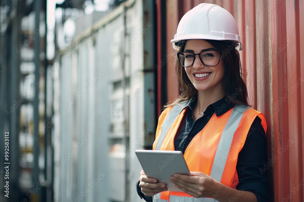 Confident female engineer in safety gear using tablet at construction site, showcasing modern industry and technology integration. Confident female engineer in safety gear using tablet at construction site, showcasing modern industry and technology integration.