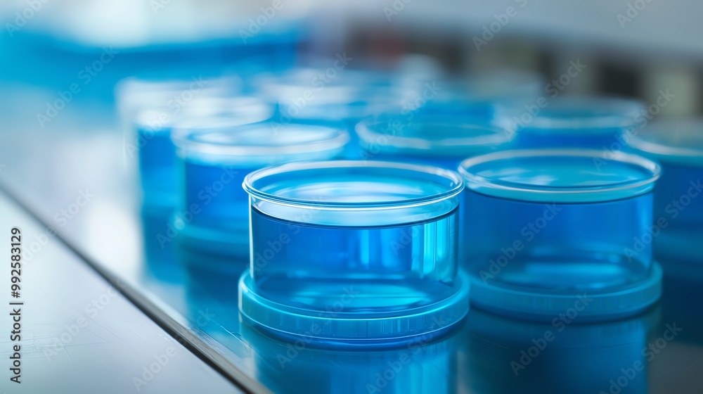 Futuristic biotech lab with rows of petri dishes growing genetically modified organisms under blue light Futuristic biotech lab with rows of petri dishes growing genetically modified organisms under blue light