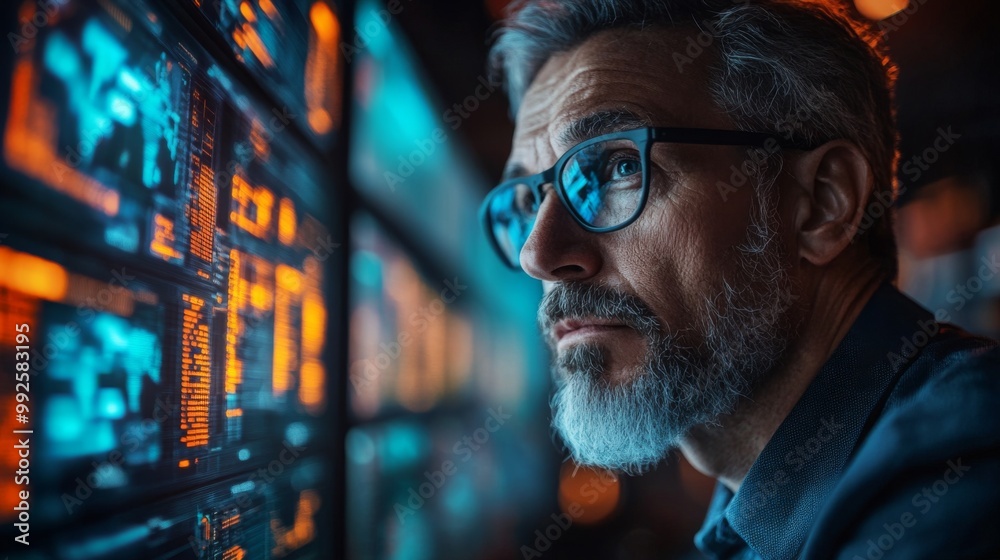 A Thoughtful Man Gazing at a Wall of Monitors A Thoughtful Man Gazing at a Wall of Monitors