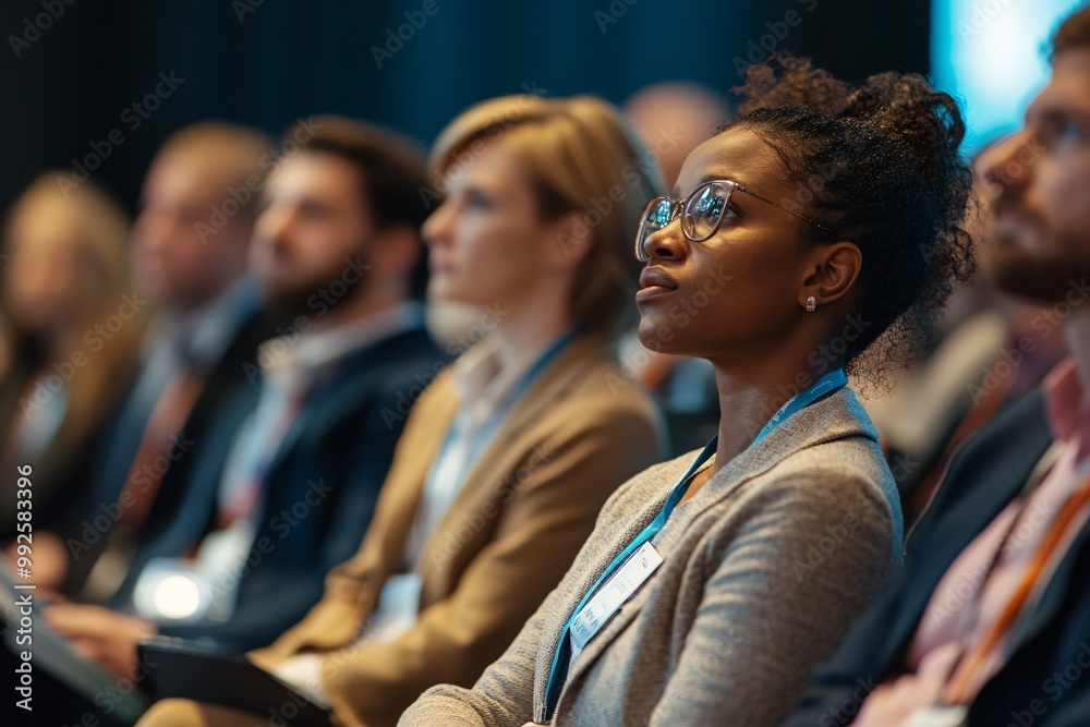 Obraz premium Focused professional attending a conference, captivated by a speaker. Ideal for business and learning themes.
