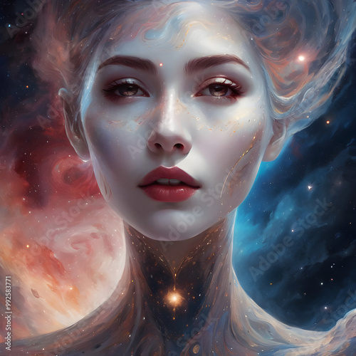 Immerse yourself in a mesmerizing cosmic world where a mysterious female entity captivates with her porcelain-like skin and elegant features. Discover the allure of this celestial beauty amidst swirli photo