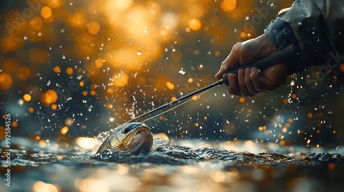 A fisherman fights a fish in a river with golden sunlight shining through the trees. photo