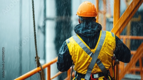 Worker in rain gear on construction site, rear view photo