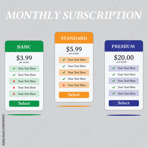 Pricing table, subscription plans, Subscription Management Platform [illustration] photo