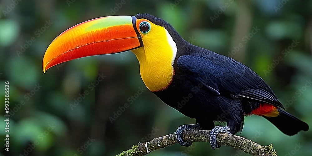 Obraz premium A vibrant toucan with a striking orange, yellow, and black plumage perched on a branch, its large beak catching the light, a symbol of tropical beauty and vibrant life.