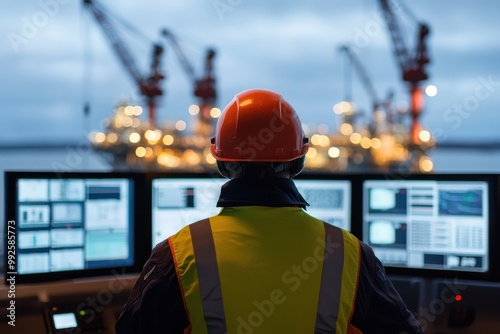 Worker operating monitors at oil rig site photo