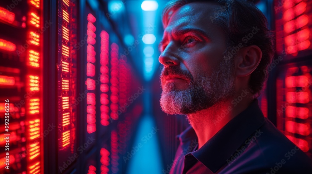 Fototapeta premium Man Contemplating Amidst Server Racks