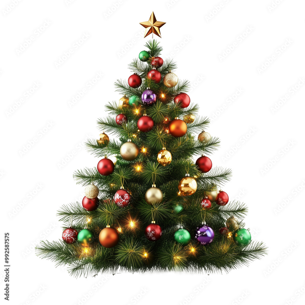 Christmas tree decorated with red balls ornaments isolated on white Christmas tree decorated with red balls ornaments isolated on white