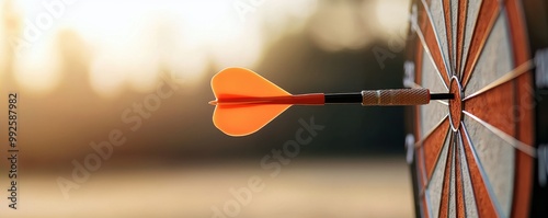 Adart hitting the bullseye of a dartboard, symbolizing success and precision in a competitive atmosphere. photo